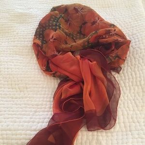 Hermes silk/chiffon Souvenirs d'Assis orange scarf 53" sq
